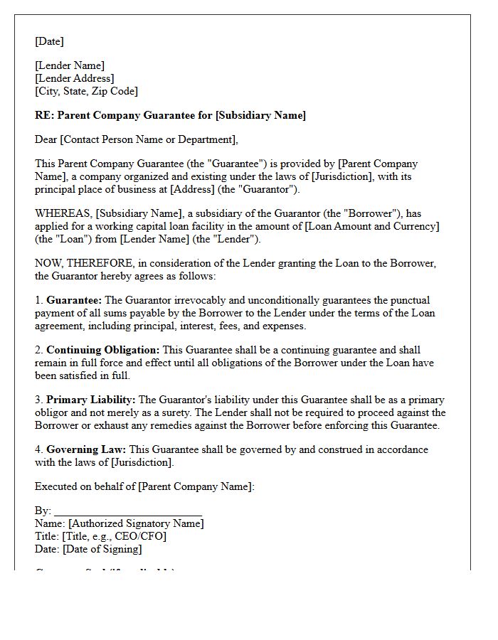 Parent Company Guarantee Letter for Subsidiary Working Capital Loan
