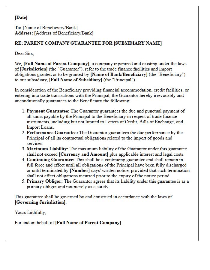 Parent Company Guarantee Letter for Trade Finance and Import Obligations