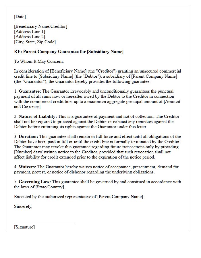 Parent Company Guarantee Letter for Unsecured Commercial Credit Line
