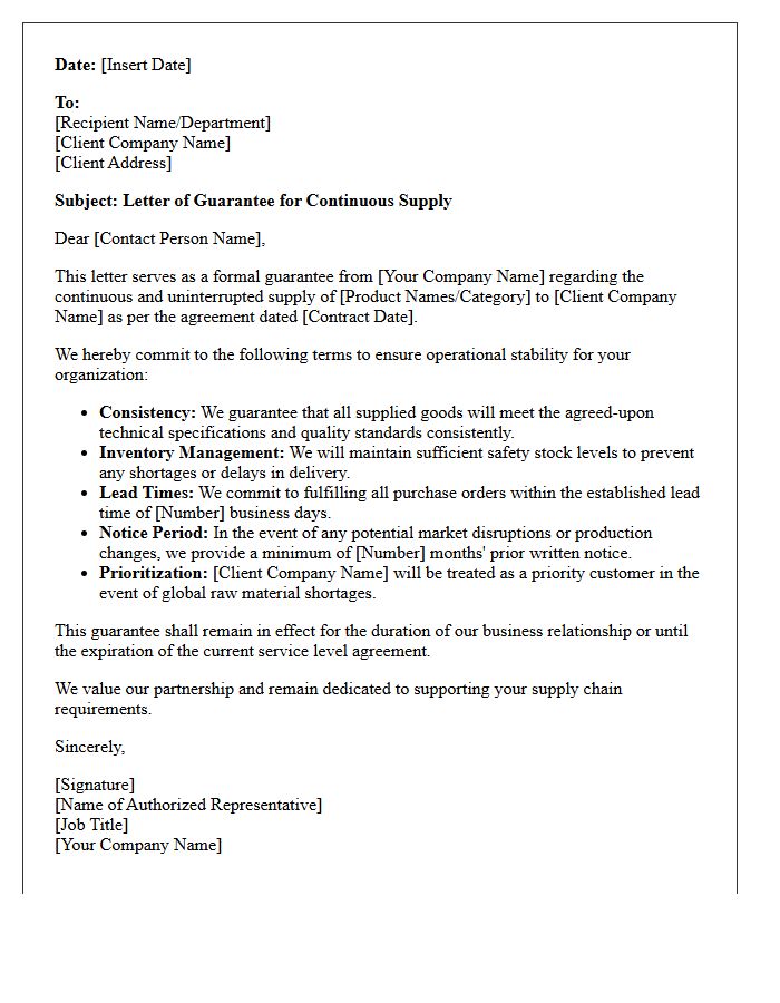 Continuous Supply Guarantee Letter