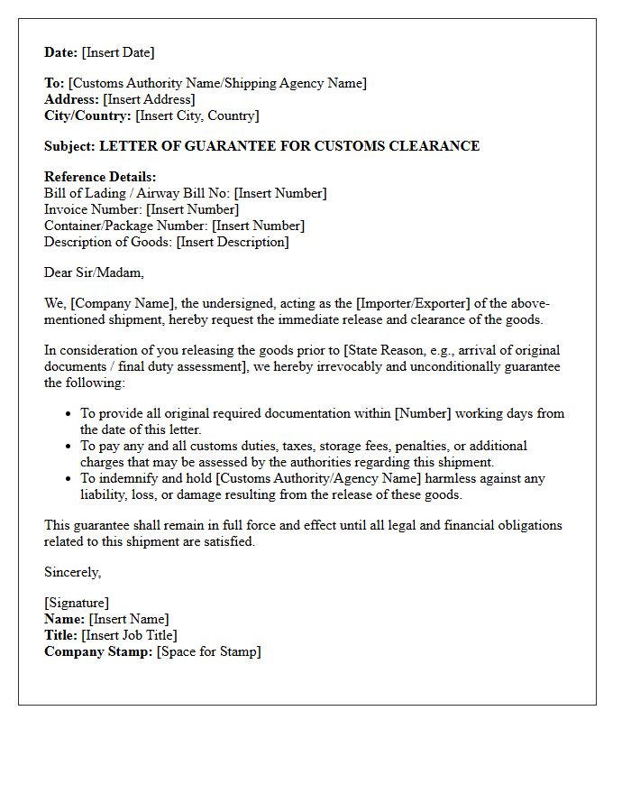Customs Clearance Guarantee Letter