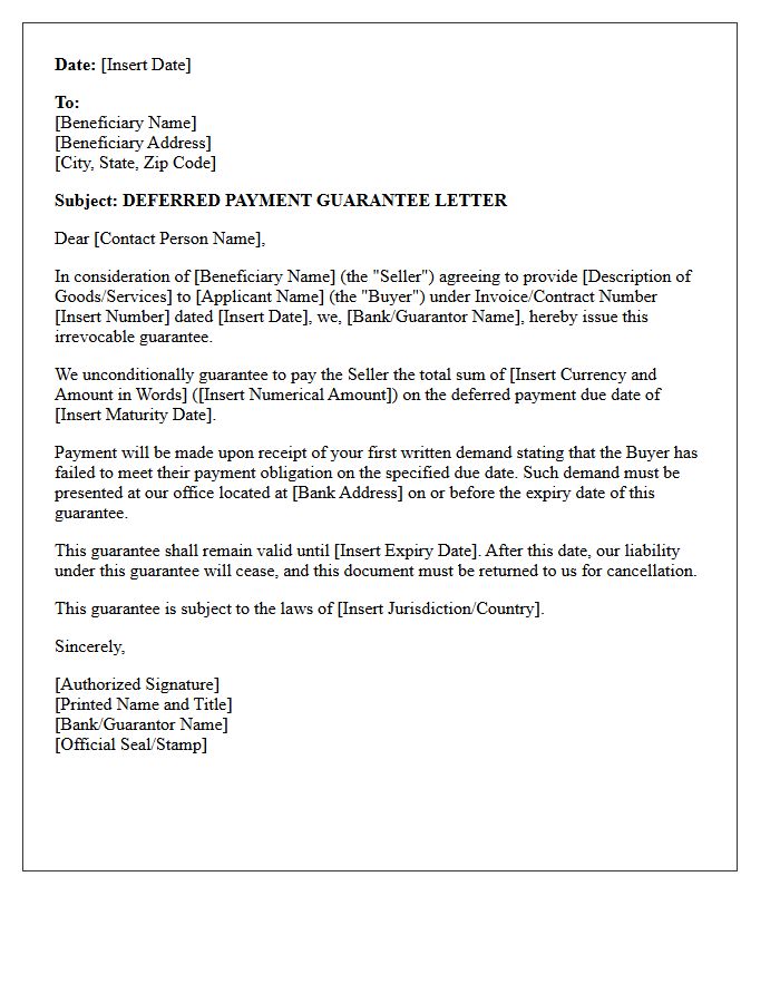 Deferred Payment Guarantee Letter