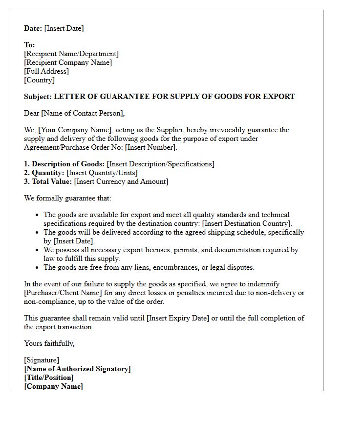 Export Supply Guarantee Letter