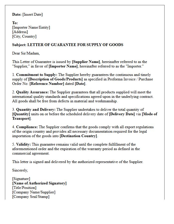 Import Supply Guarantee Letter