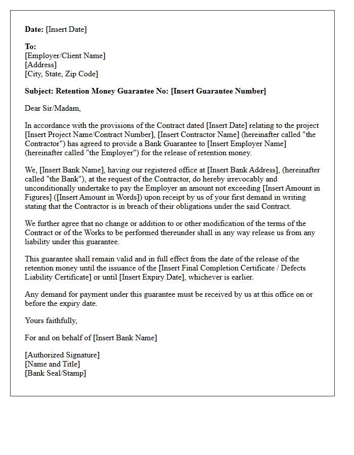 Retention Money Guarantee Letter