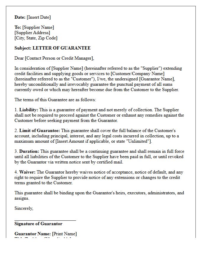 Supplier Credit Guarantee Letter
