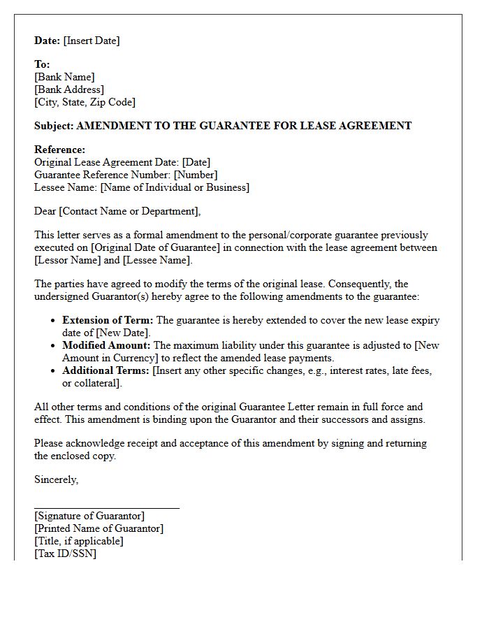 Amended Bank Lease Agreement Guarantee Letter