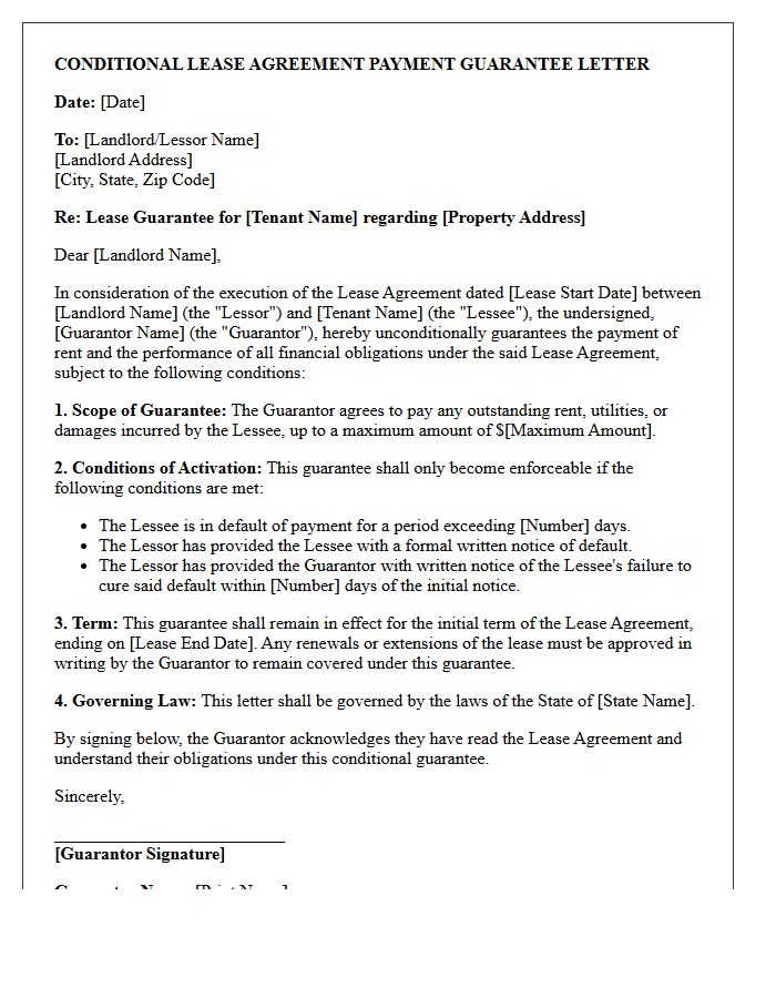 Conditional Lease Agreement Payment Guarantee Letter