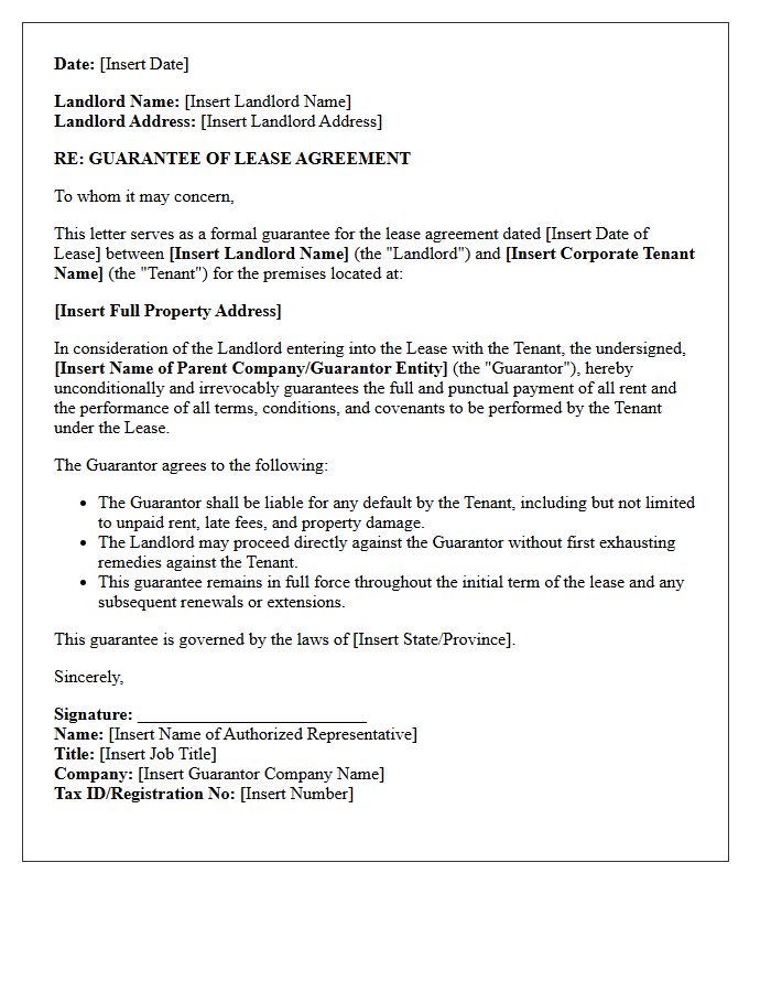 Corporate Tenant Lease Agreement Guarantee Letter