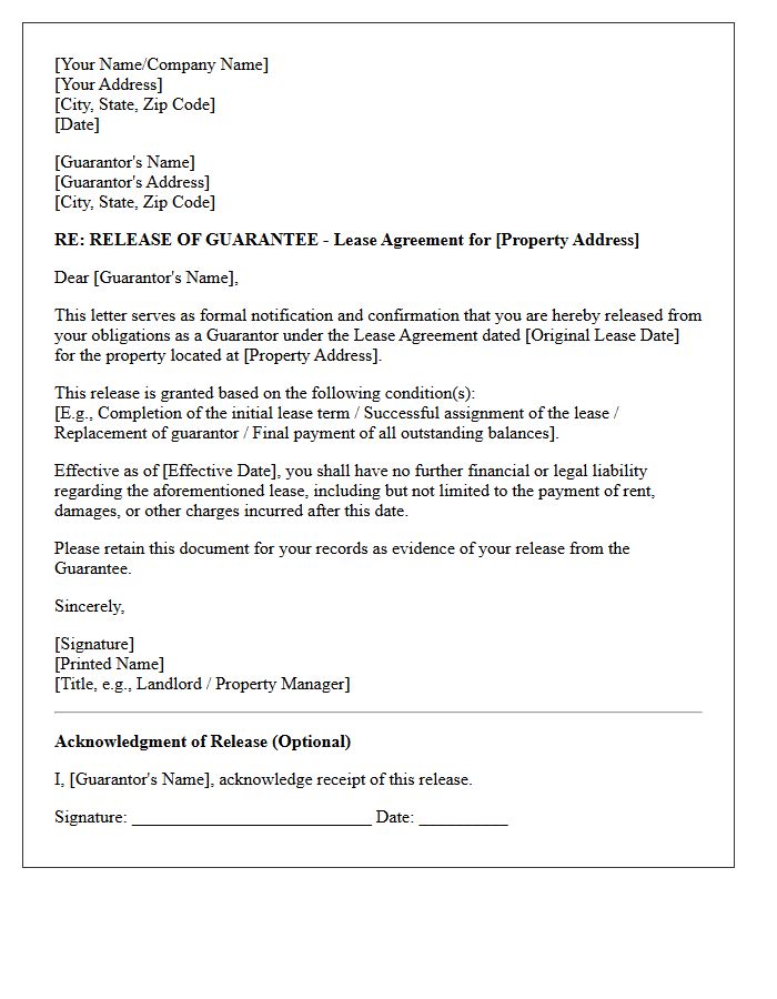 Lease Agreement Guarantee Release Letter