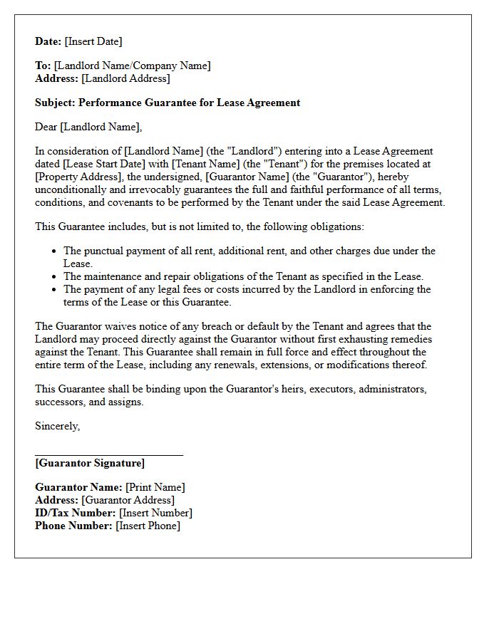 Lease Agreement Performance Guarantee Letter