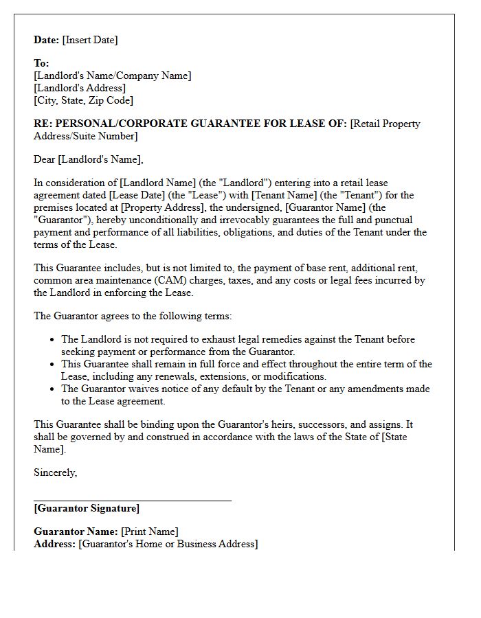 Retail Property Lease Agreement Guarantee Letter