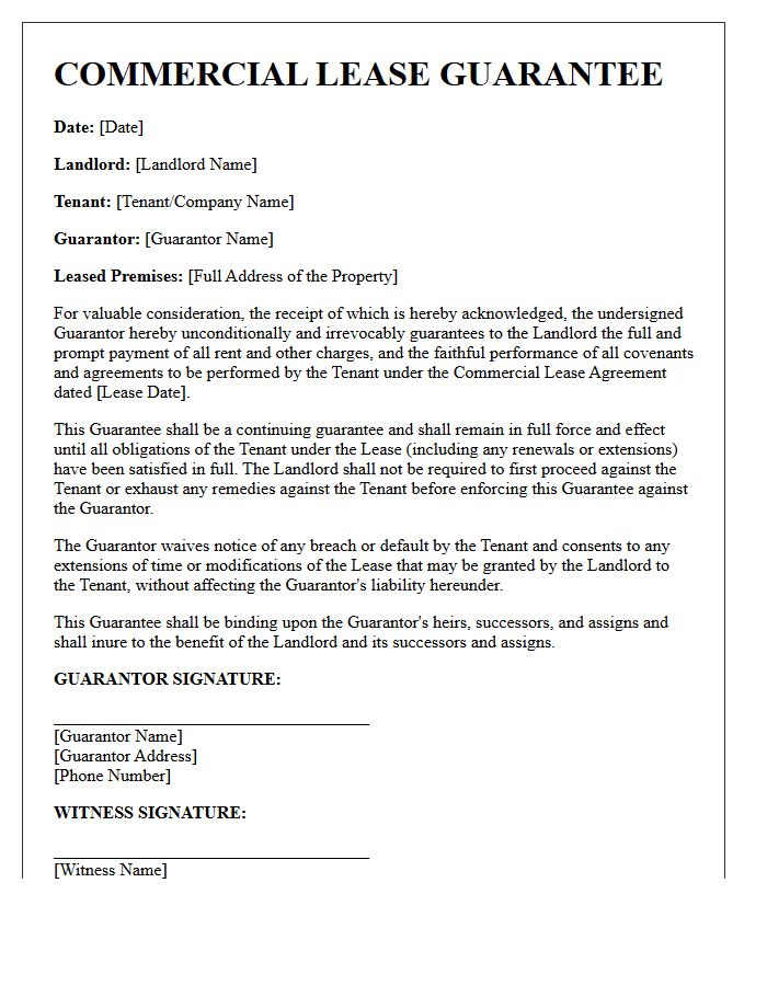 Standard Commercial Lease Agreement Guarantee Letter