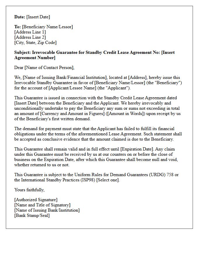 Standby Credit Lease Agreement Guarantee Letter