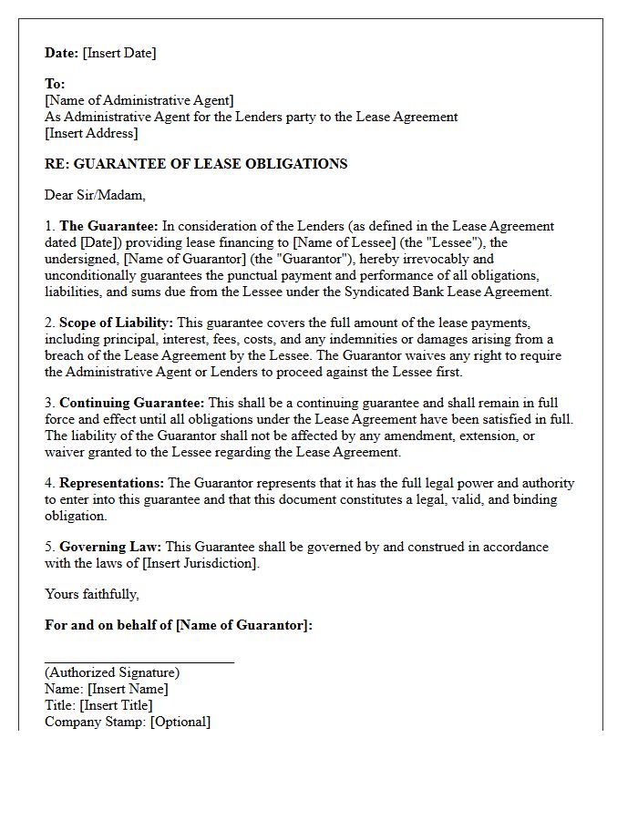 Syndicated Bank Lease Agreement Guarantee Letter