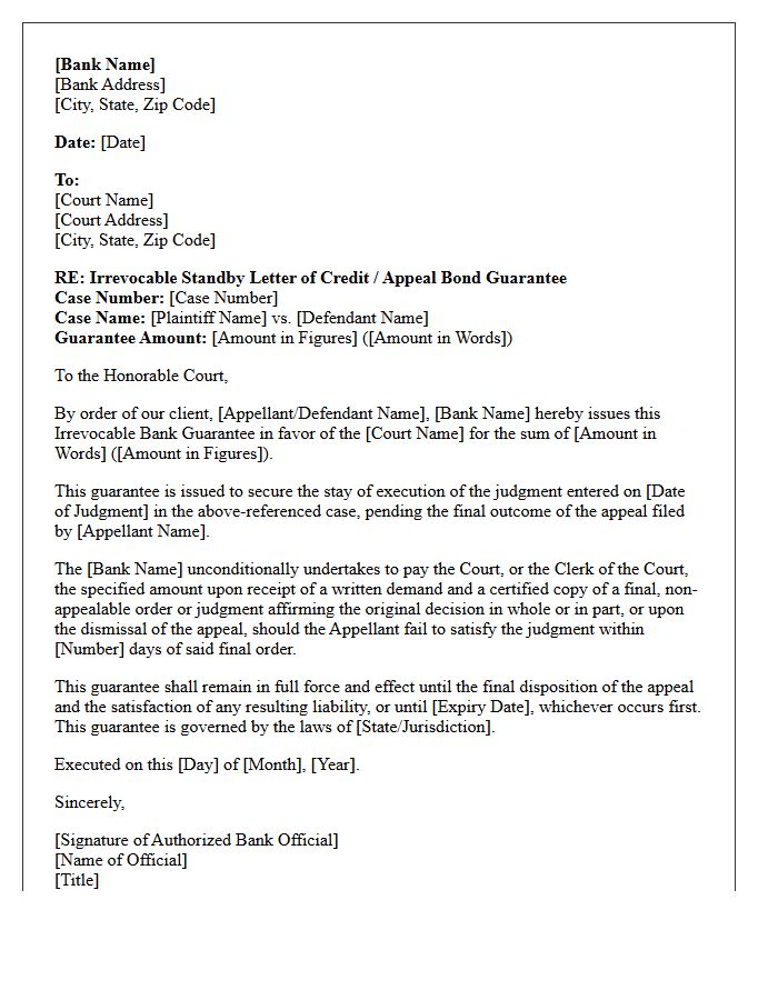 Appeal Bond Bank Guarantee Letter