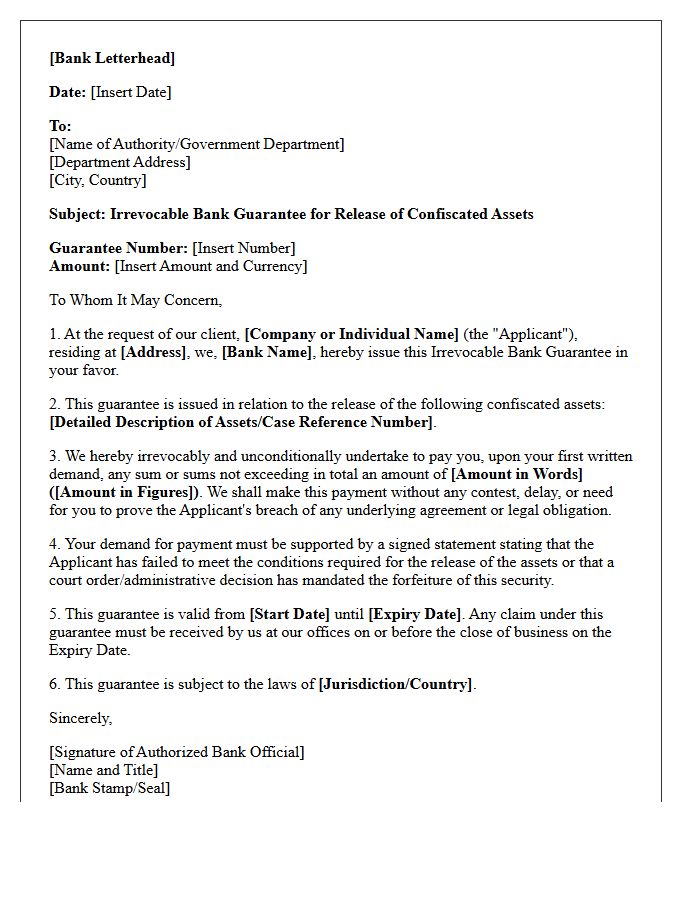 Bank Guarantee Letter for Release of Confiscated Assets