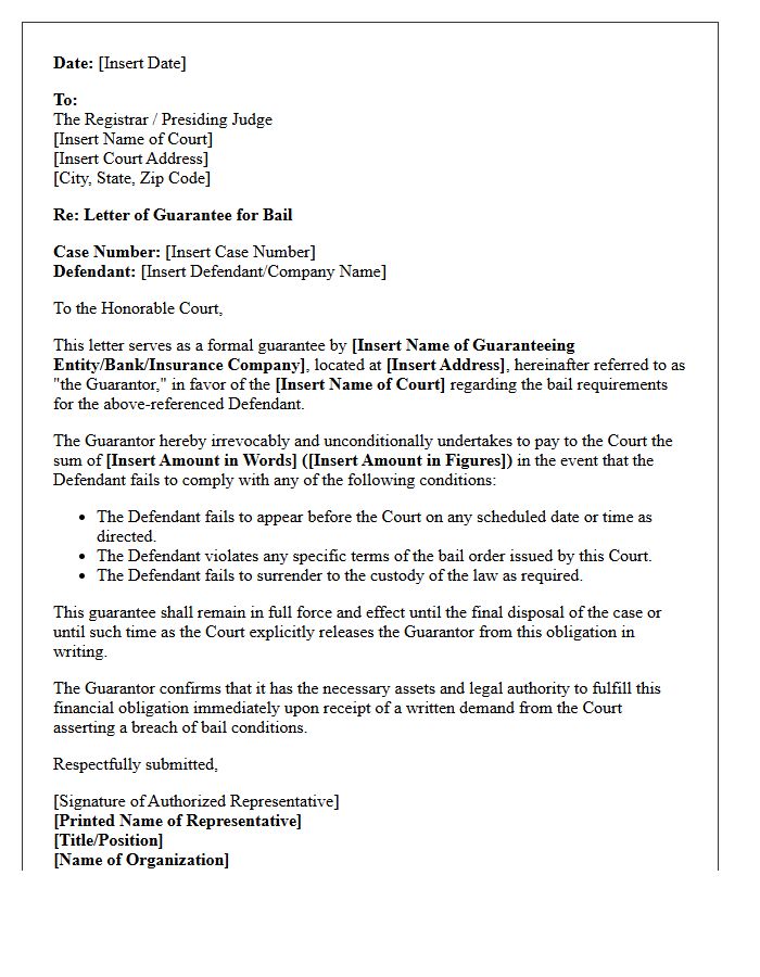 Commercial Defendant Bail Guarantee Letter