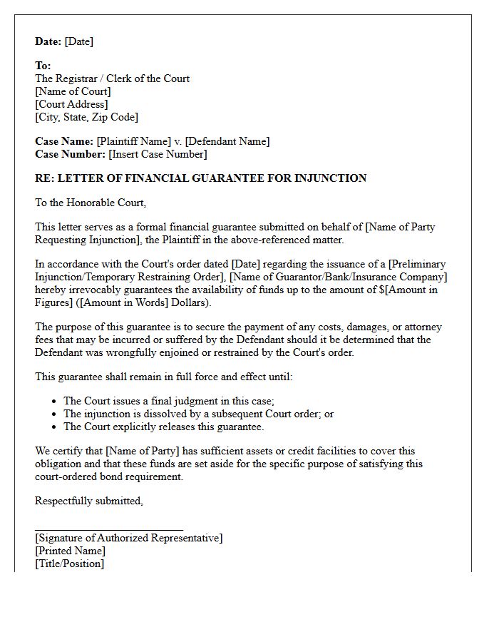 Court Injunction Financial Guarantee Letter