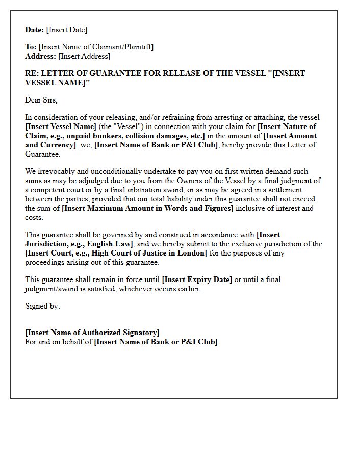 Letter of Guarantee for Release of Arrested Vessel