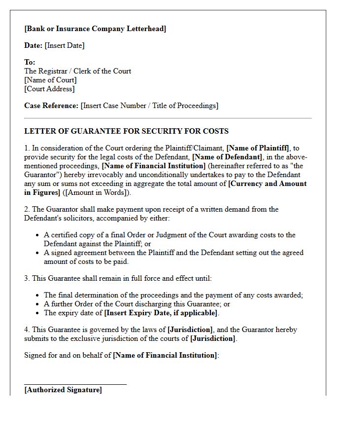 Letter of Guarantee for Security for Costs