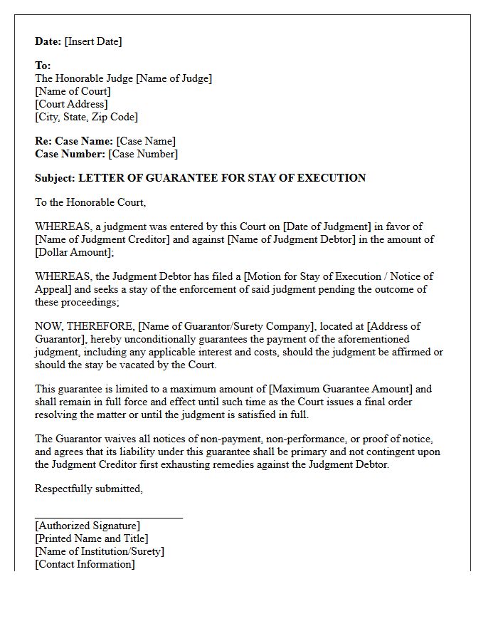 Letter of Guarantee for Stay of Execution