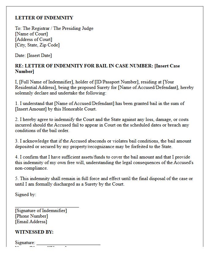Letter of Indemnity for Court Bail Approval