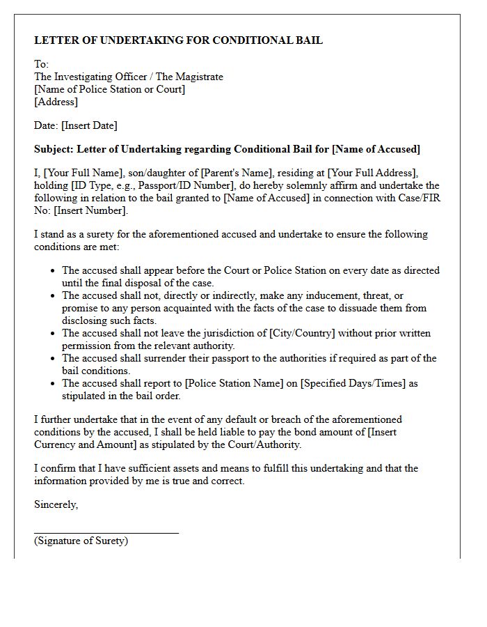 Letter of Undertaking for Conditional Bail