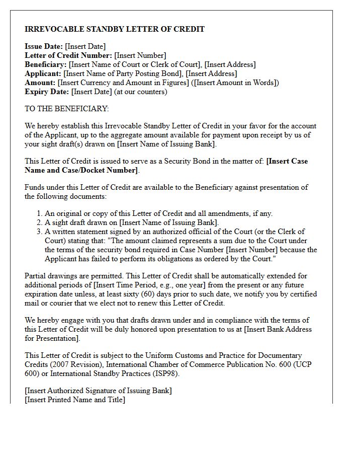 Standby Letter of Credit for Court Security Bond