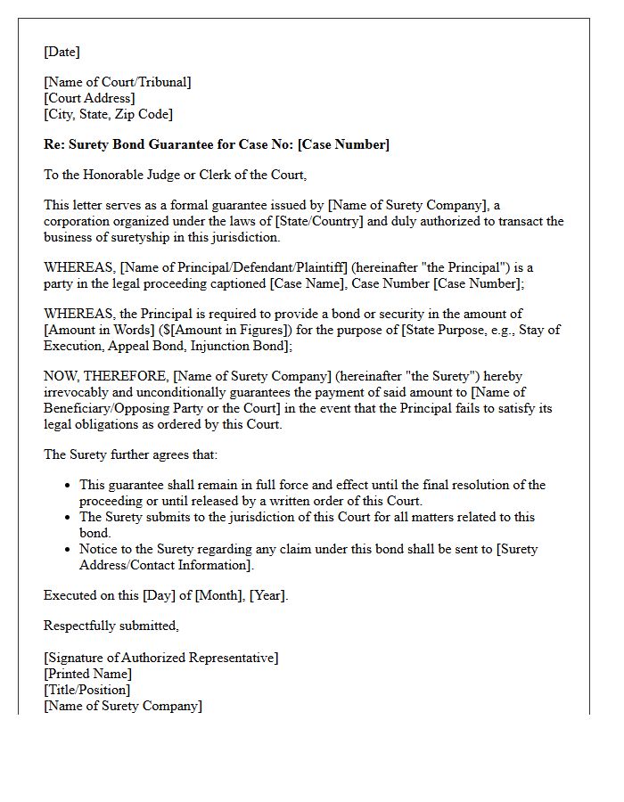 Surety Bond Guarantee Letter for Legal Proceedings
