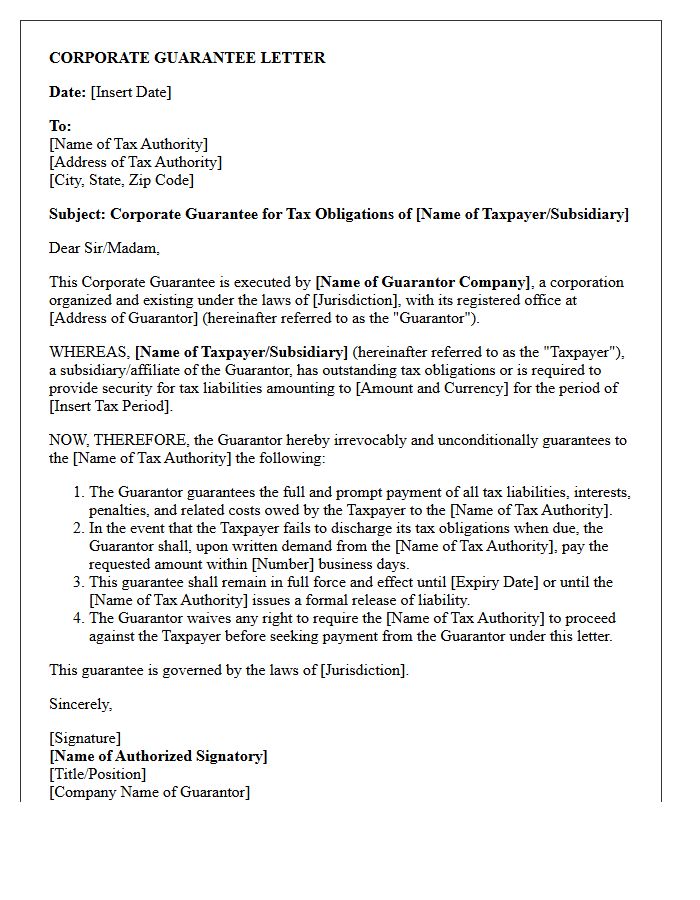 Corporate Guarantee Letter For Tax Obligations