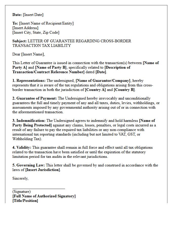 Cross Border Transaction Tax Liability Guarantee Letter
