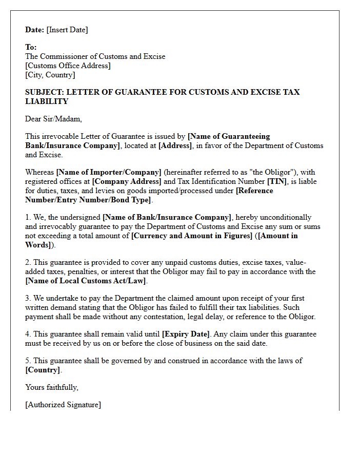 Customs And Excise Tax Liability Guarantee Letter