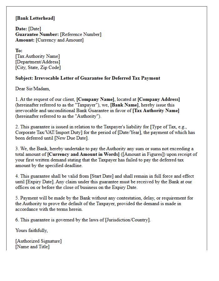 Deferred Tax Payment Bank Guarantee Letter
