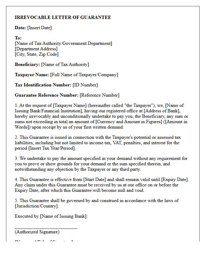 Irrevocable Letter Of Guarantee For Tax Liability