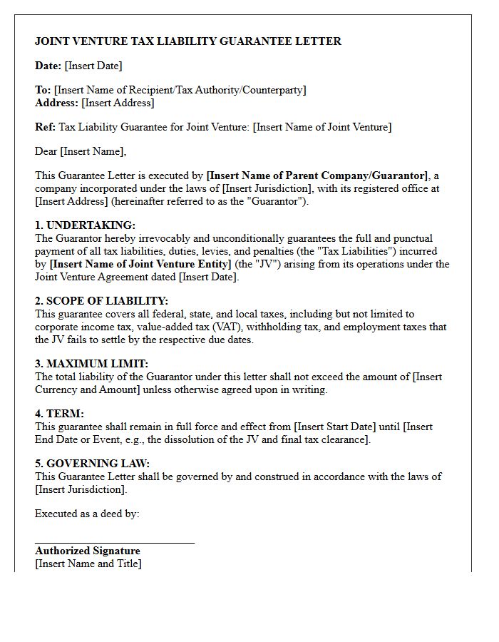 Joint Venture Tax Liability Guarantee Letter