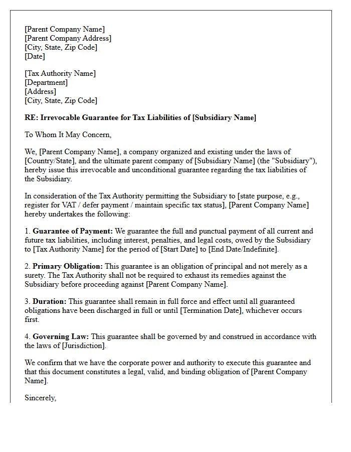 Parent Company Tax Liability Guarantee Letter