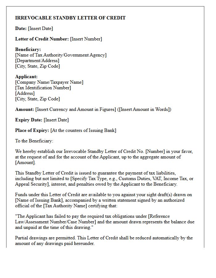 Standby Letter Of Credit For Tax Guarantee