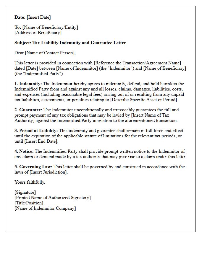 Tax Liability Indemnity And Guarantee Letter