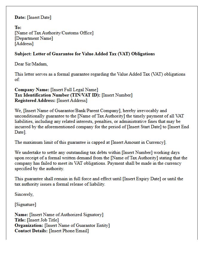 Value Added Tax Obligation Guarantee Letter