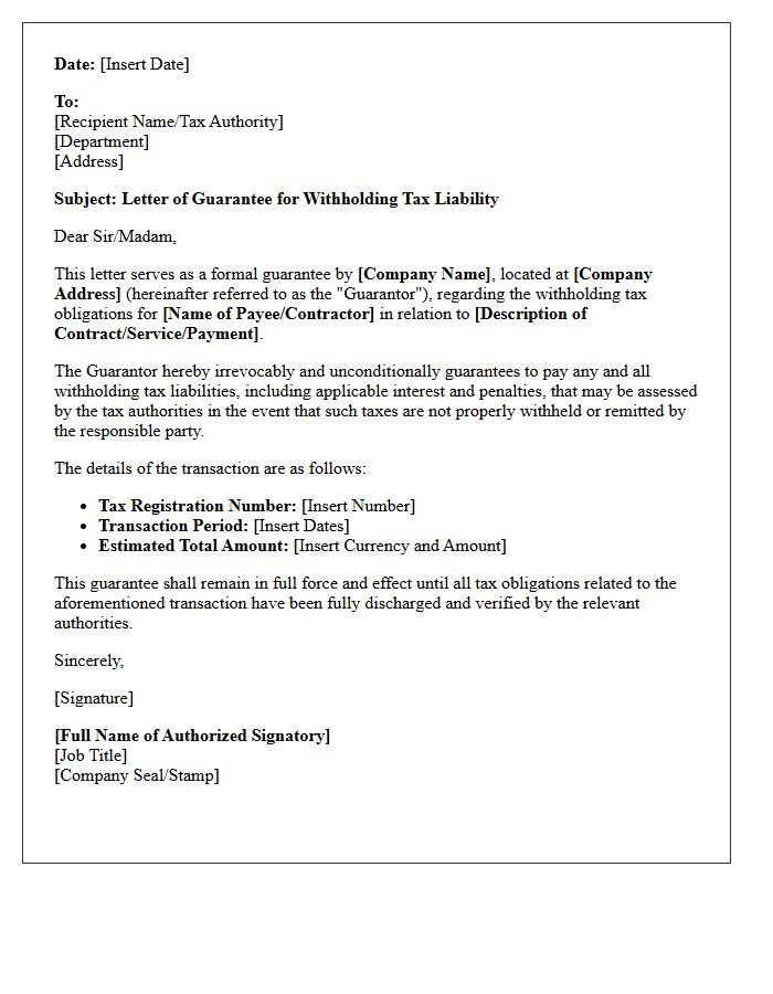 Withholding Tax Liability Guarantee Letter