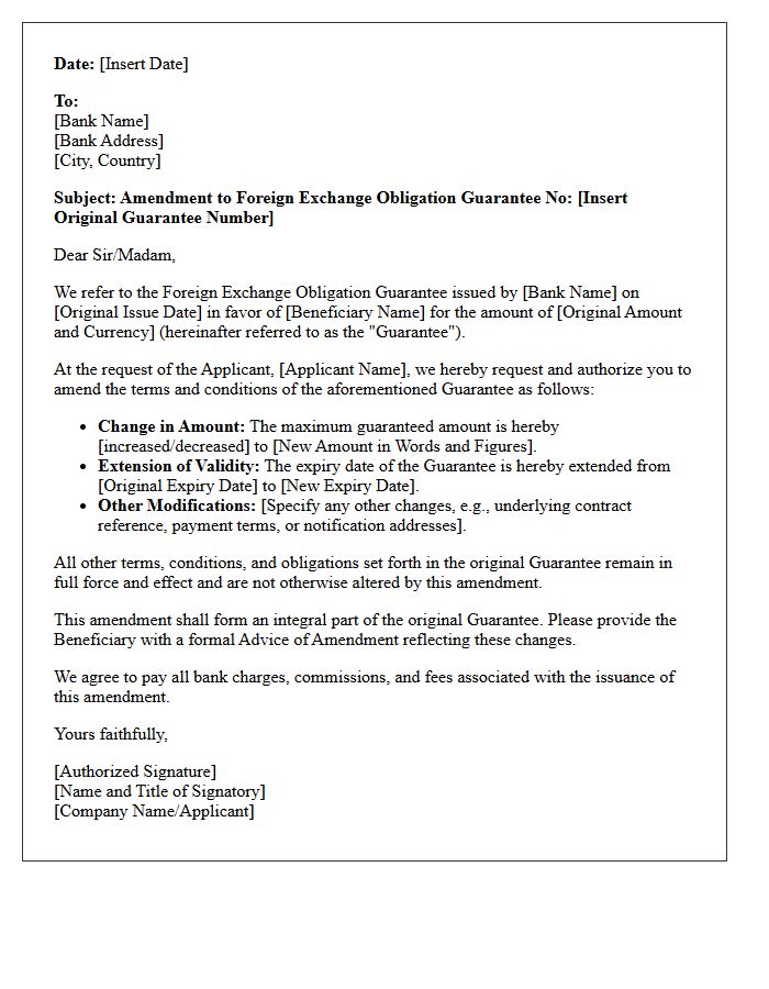 Amendment Letter for Foreign Exchange Obligation Guarantee