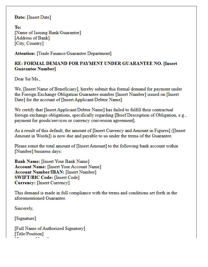 Claim Demand Letter for Foreign Exchange Obligation Guarantee