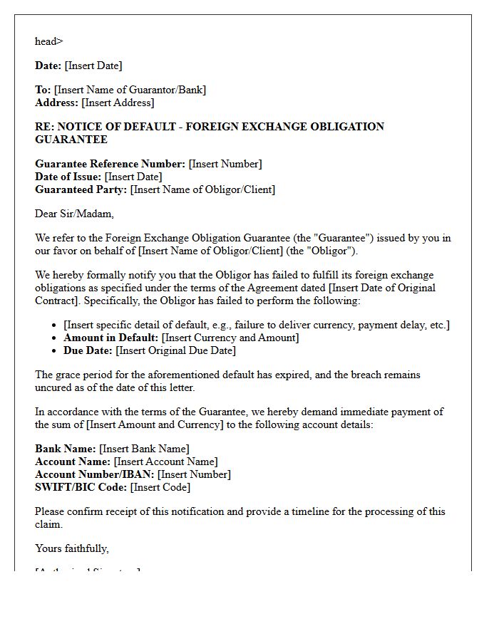 Default Notification Letter for Foreign Exchange Obligation Guarantee