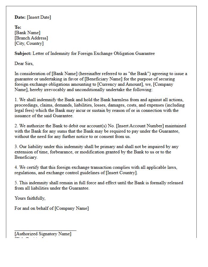Indemnity Letter for Foreign Exchange Obligation Guarantee