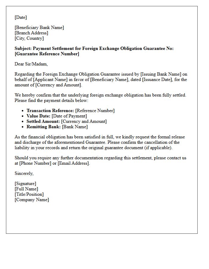 Payment Settlement Letter for Foreign Exchange Obligation Guarantee