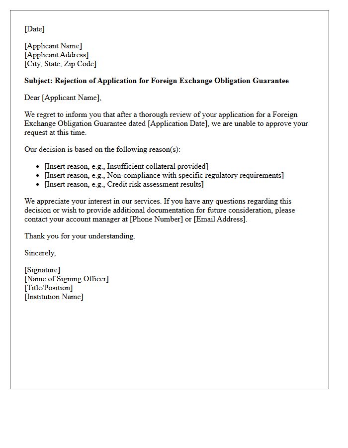 Rejection Letter for Foreign Exchange Obligation Guarantee