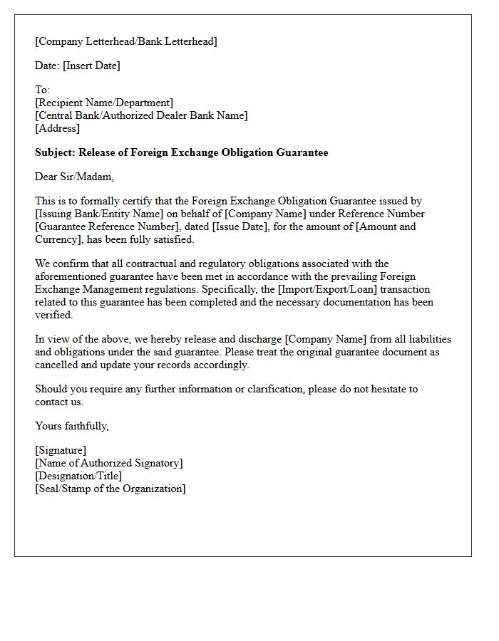 Release Letter for Foreign Exchange Obligation Guarantee