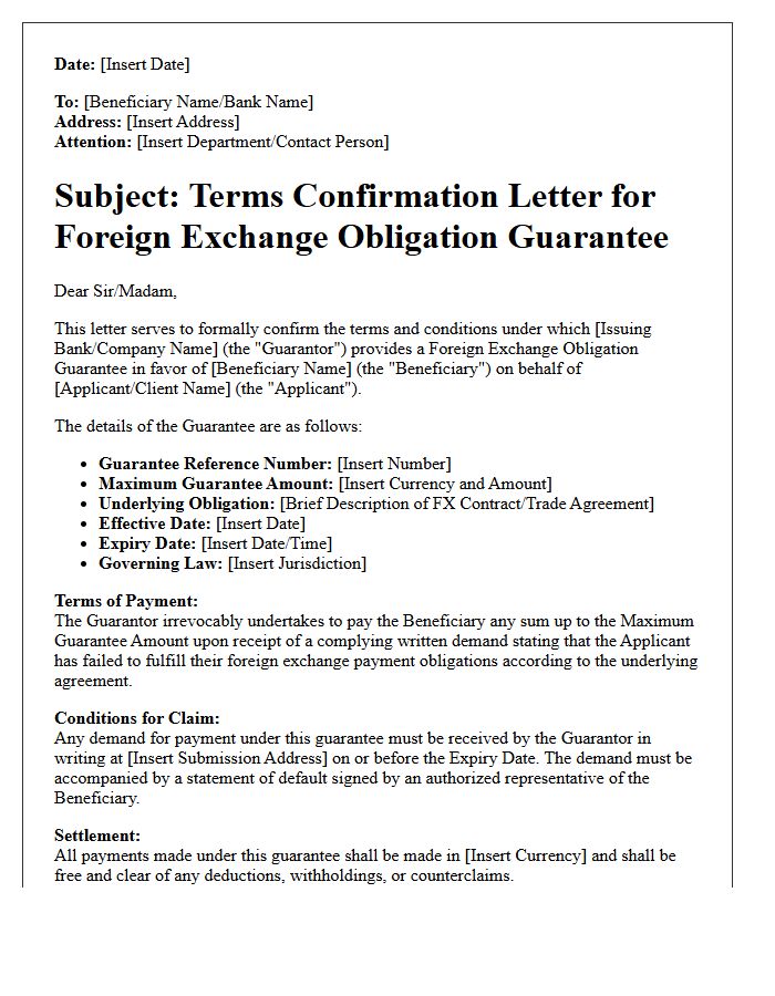 Terms Confirmation Letter for Foreign Exchange Obligation Guarantee