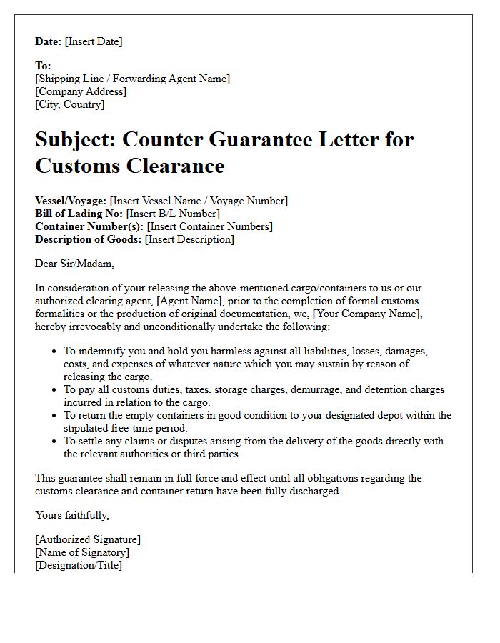 Customs Clearance Counter Guarantee Letter